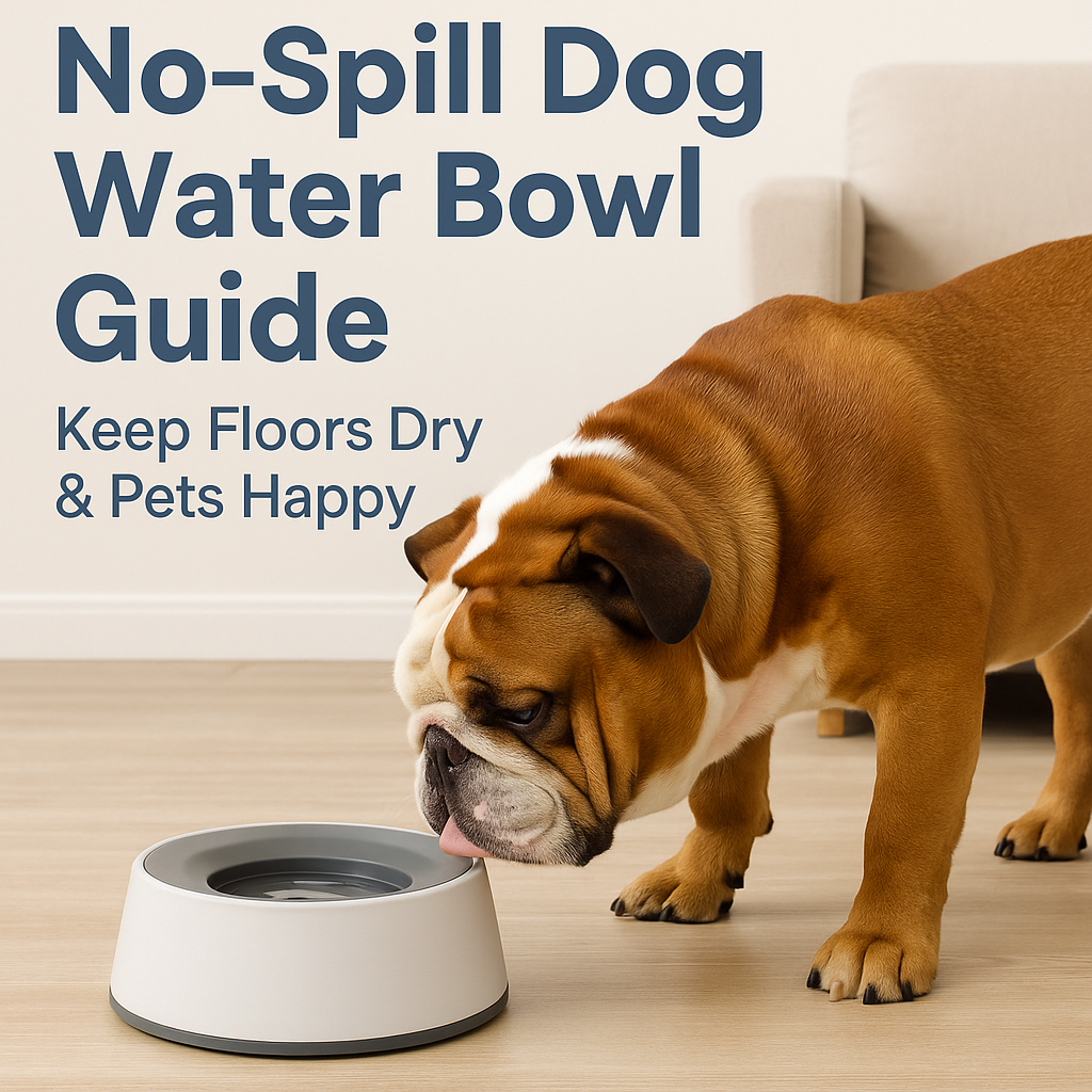 Bulldog drinking from a no-spill water bowl on a clean hardwood floor, illustrating a mess-free pet hydration solution.