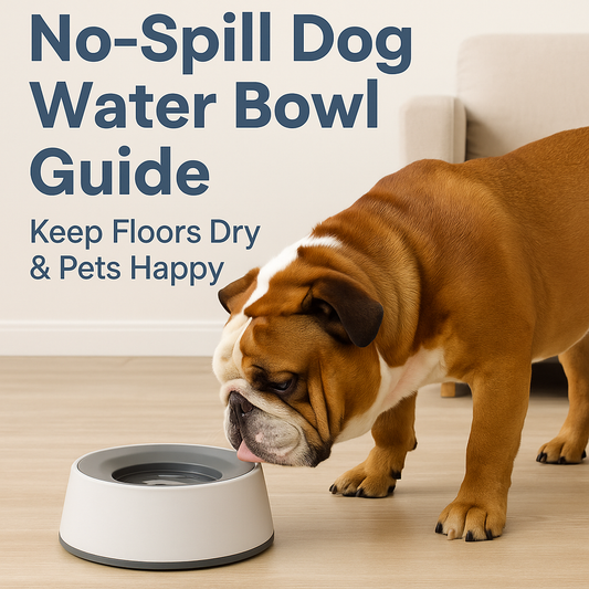 Bulldog drinking from a no-spill water bowl on a clean hardwood floor, illustrating a mess-free pet hydration solution.