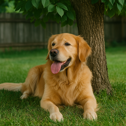 Golden Retriever dog resting under a shady tree on a sunny day, panting lightly with its tongue out, staying cool on green grass during summer.