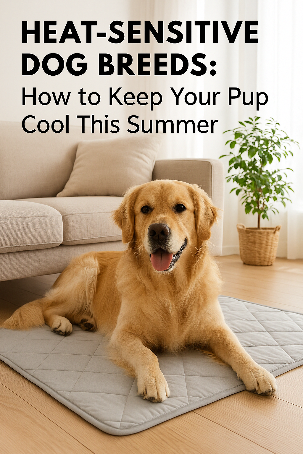 Golden Retriever resting on a cooling mat in a sunny living room with bold text “Heat-Sensitive Dog Breeds: How to Keep Your Pup Cool This Summer,” highlighting summer care tips for overheating-prone dogs.