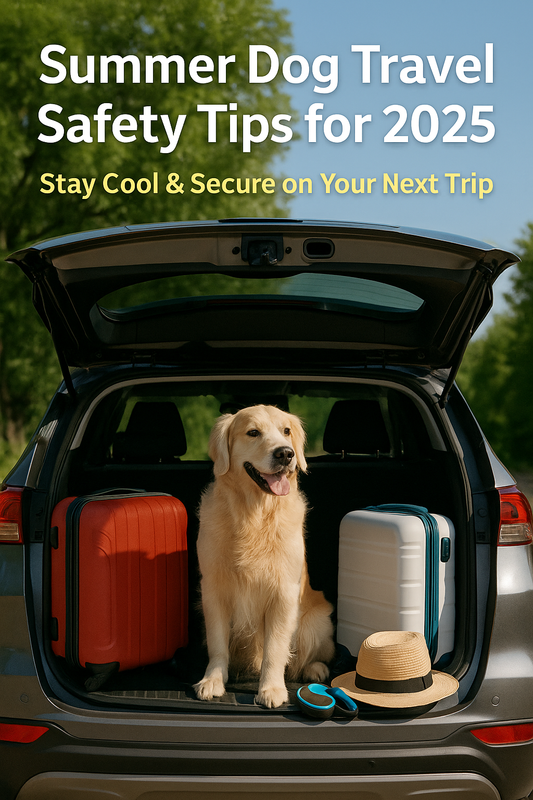 Golden Retriever sitting in the back of an SUV surrounded by travel luggage, ready for a summer road trip with “Summer Dog Travel Safety Tips for 2025” text overlay — promoting pet-friendly travel safety and cooling essentials.