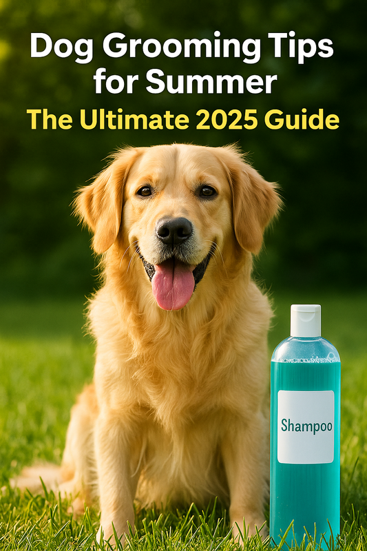 Golden Retriever being brushed outdoors on a sunny day, surrounded by pet grooming tools, with overlay text “Summer Dog Grooming Tips 2025” — highlighting seasonal coat care and shedding solutions.