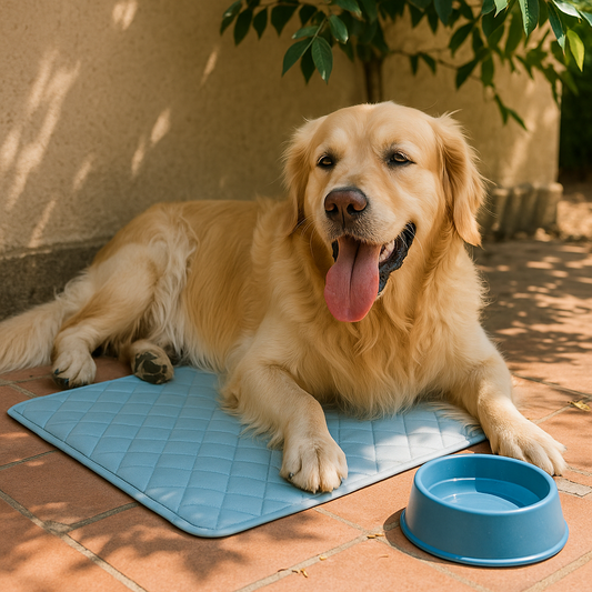 Golden Retriever showing signs of heat with tongue out, lying beside a cooling mat and water bowl under summer shade — visual guide for dog heatstroke awareness.