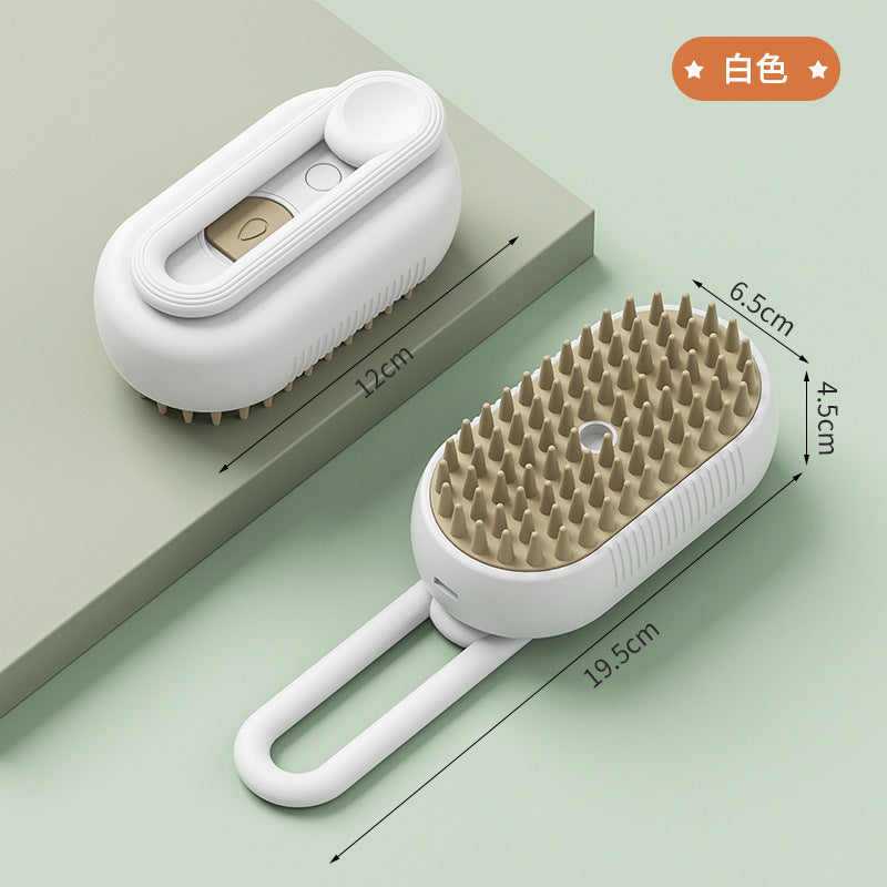 Pet grooming brush with steam function to de-shed and detangle fur
