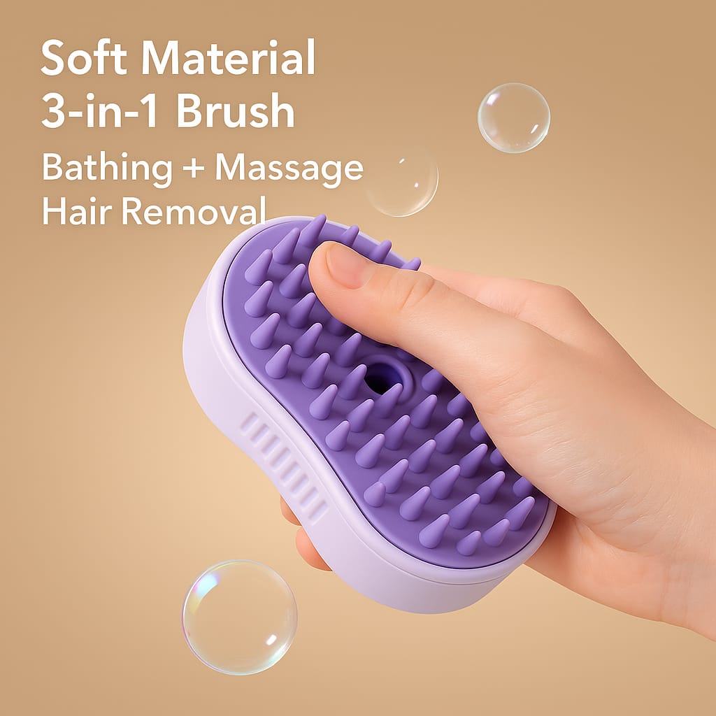 Pet grooming brush with steam function to de-shed and detangle fur
