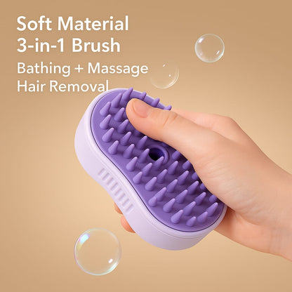 Pet grooming brush with steam function to de-shed and detangle fur

