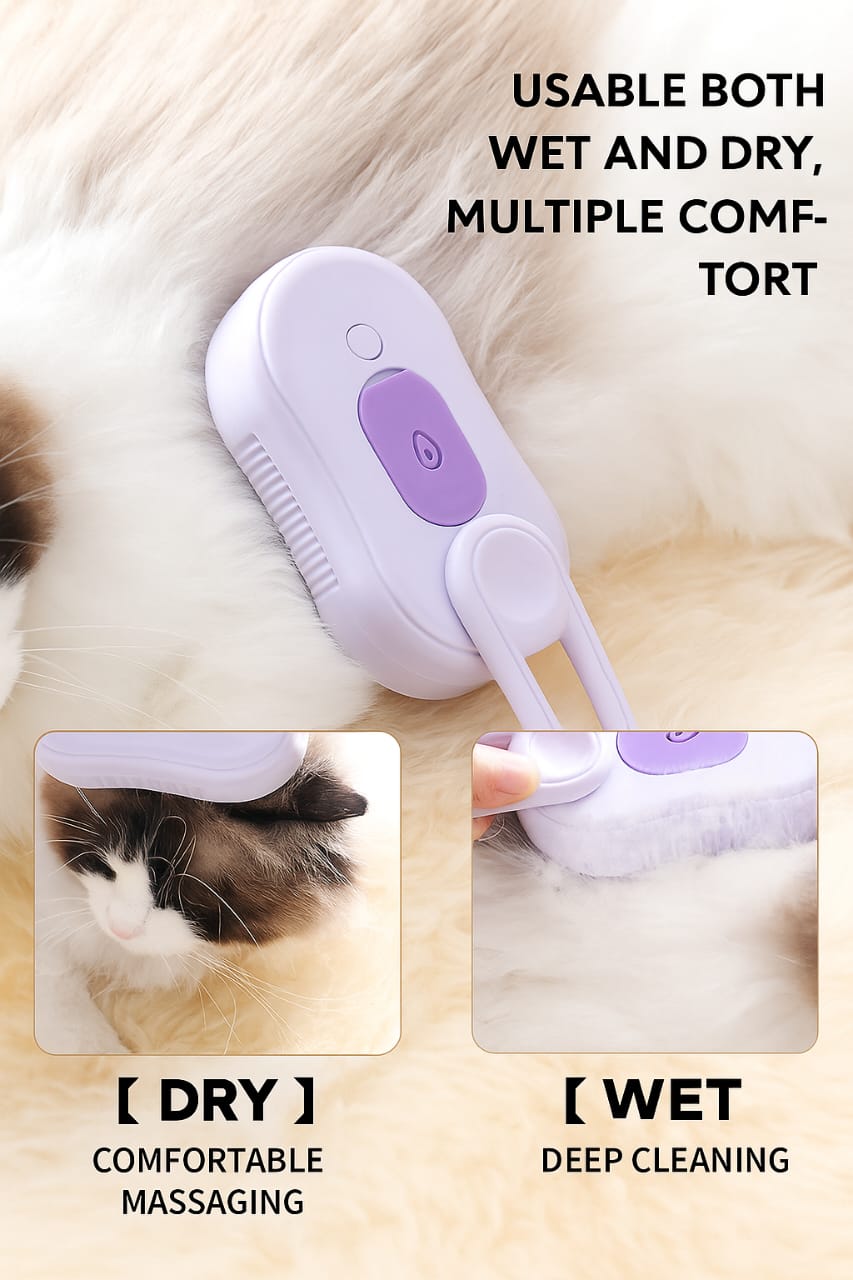 Pet grooming brush with steam function to de-shed and detangle fur
